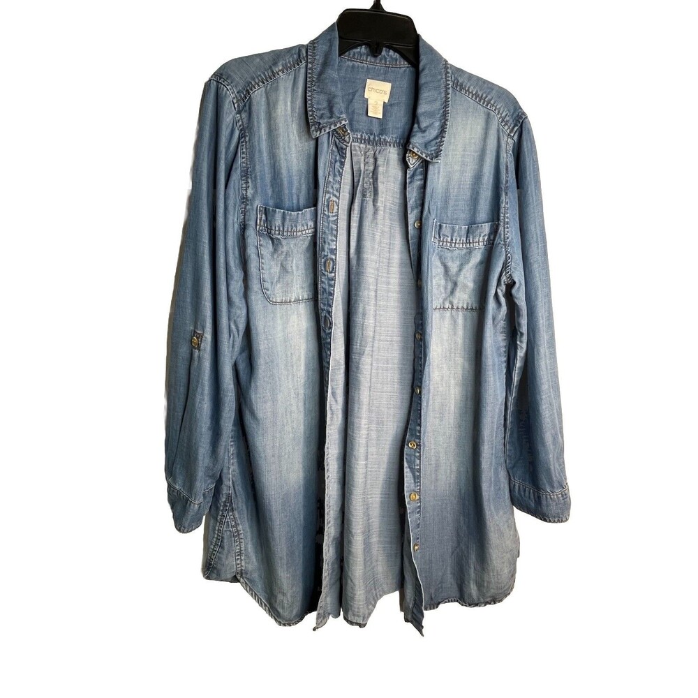 Chicos Denim Blue Jean long Sleeve Blouse Shirt Womens 2 US L (15)